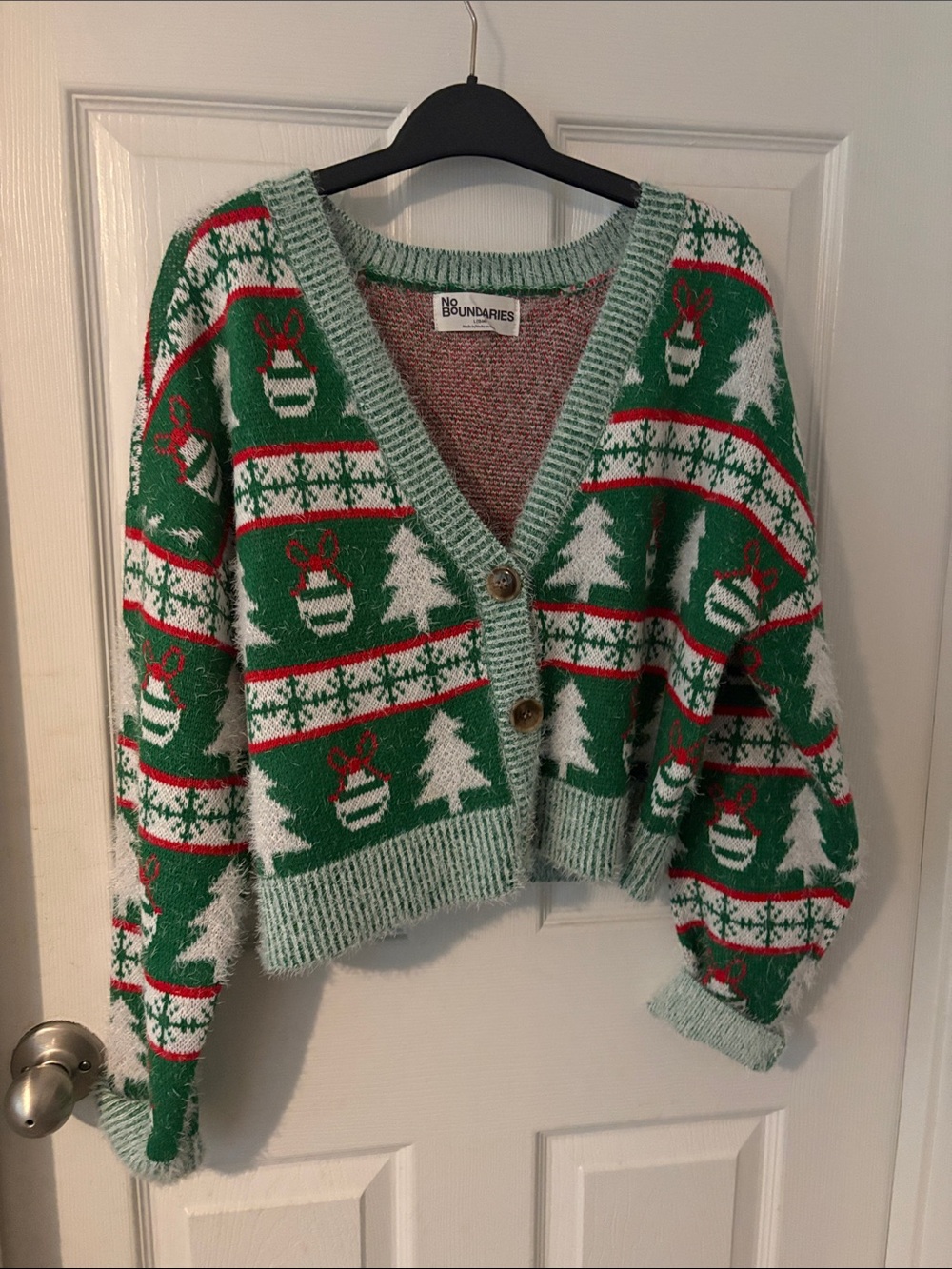 No Boundaries Green, Red & White Holiday Knit Cardigan